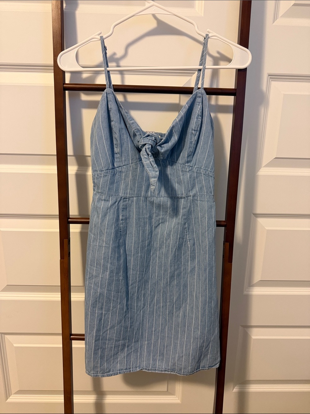 Forever 21 Light Blue Pinstripe Tie-Front Mini Dress